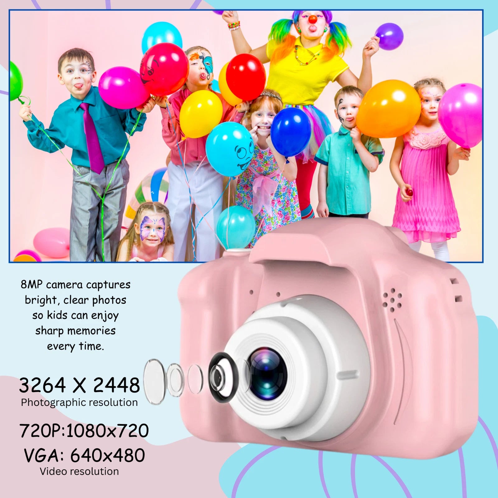 Kids HD Digital Camera Mini Video Recorder 8x Zoom with Games 32gb SD Card -Pink