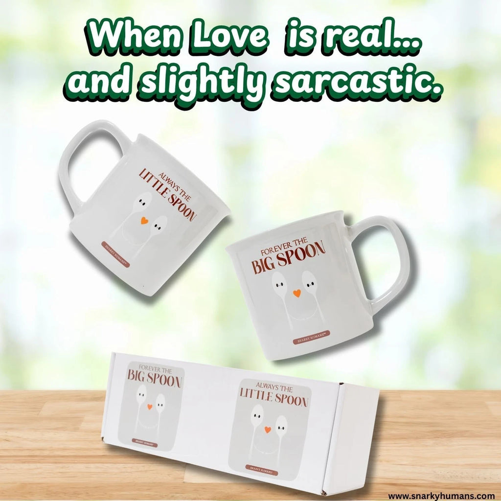 Big and Little Spoon Coffee Mug Set, 11 oz, Gray Ceramic, Couples Gift