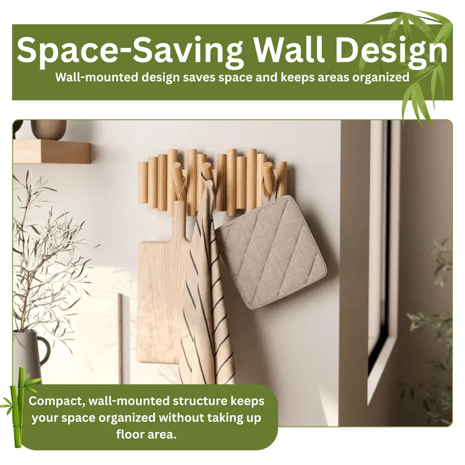 Bamboo Wall Hanging Rack Natural Wooden Pegs Hook Organizer for Hats Coat Towels