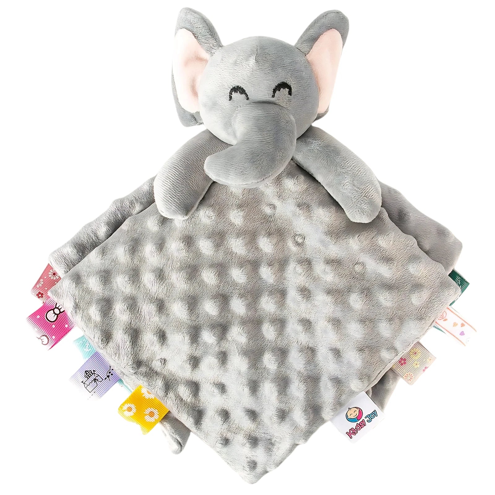 Kidsy Joy Soother Lovey 14” Ultra Soft Plush Blanket w/ Sensory Tags - Elephant