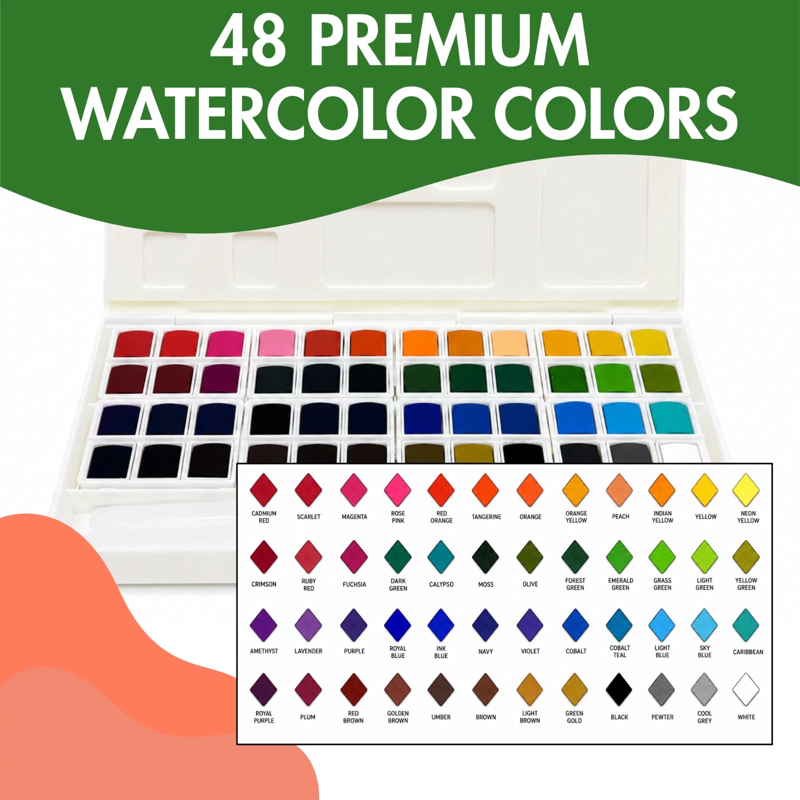 GenCrafts 48 Color Watercolor Paint Set w/ 15-Sheet Paper Pad & 2 Brush Pens