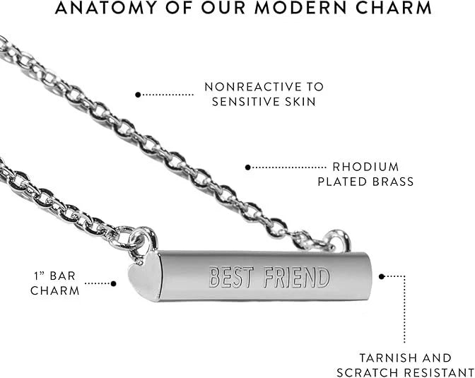 Stella Valle Best Friend Necklace Adjustable Rhodium Plated Bar Heart Shape