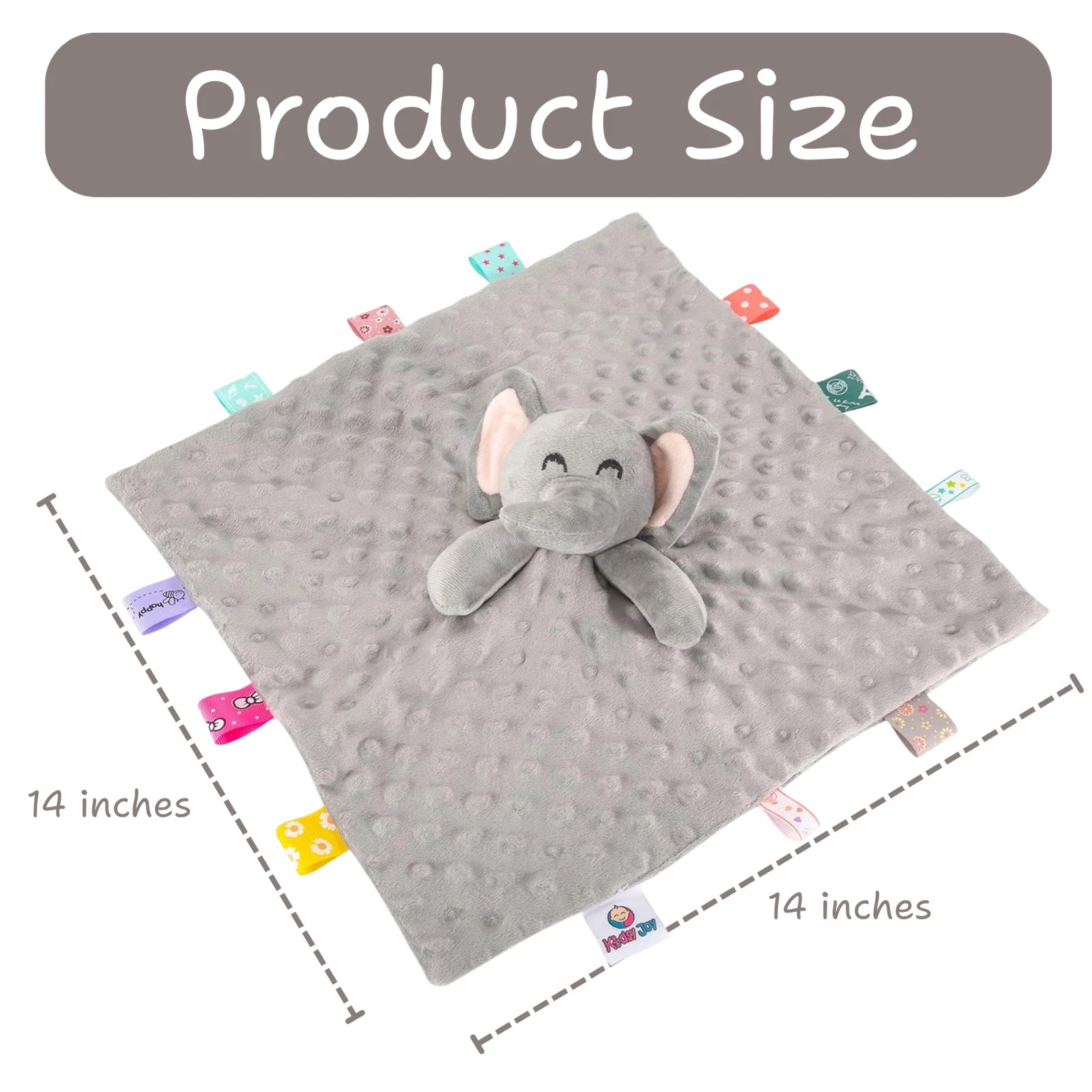 Kidsy Joy Soother Lovey 14” Ultra Soft Plush Blanket w/ Sensory Tags - Elephant