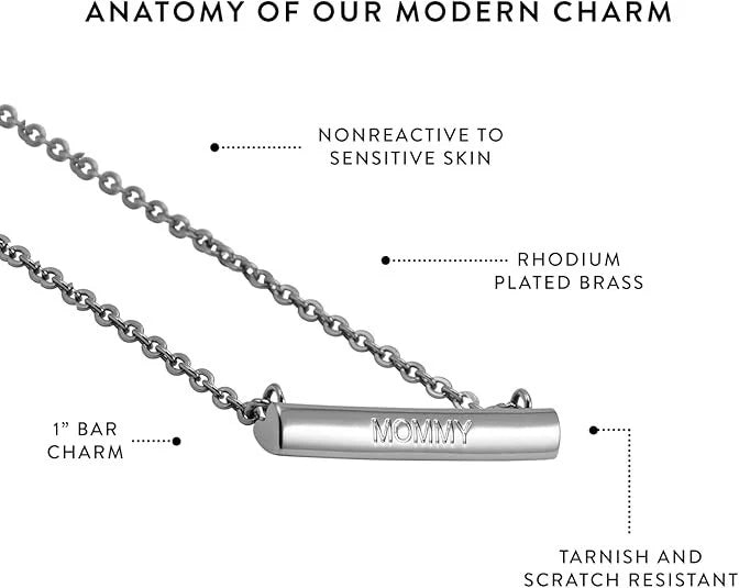 Stella Valle Mommy Necklace Adjustable Rhodium Plated Heart Bar Shape