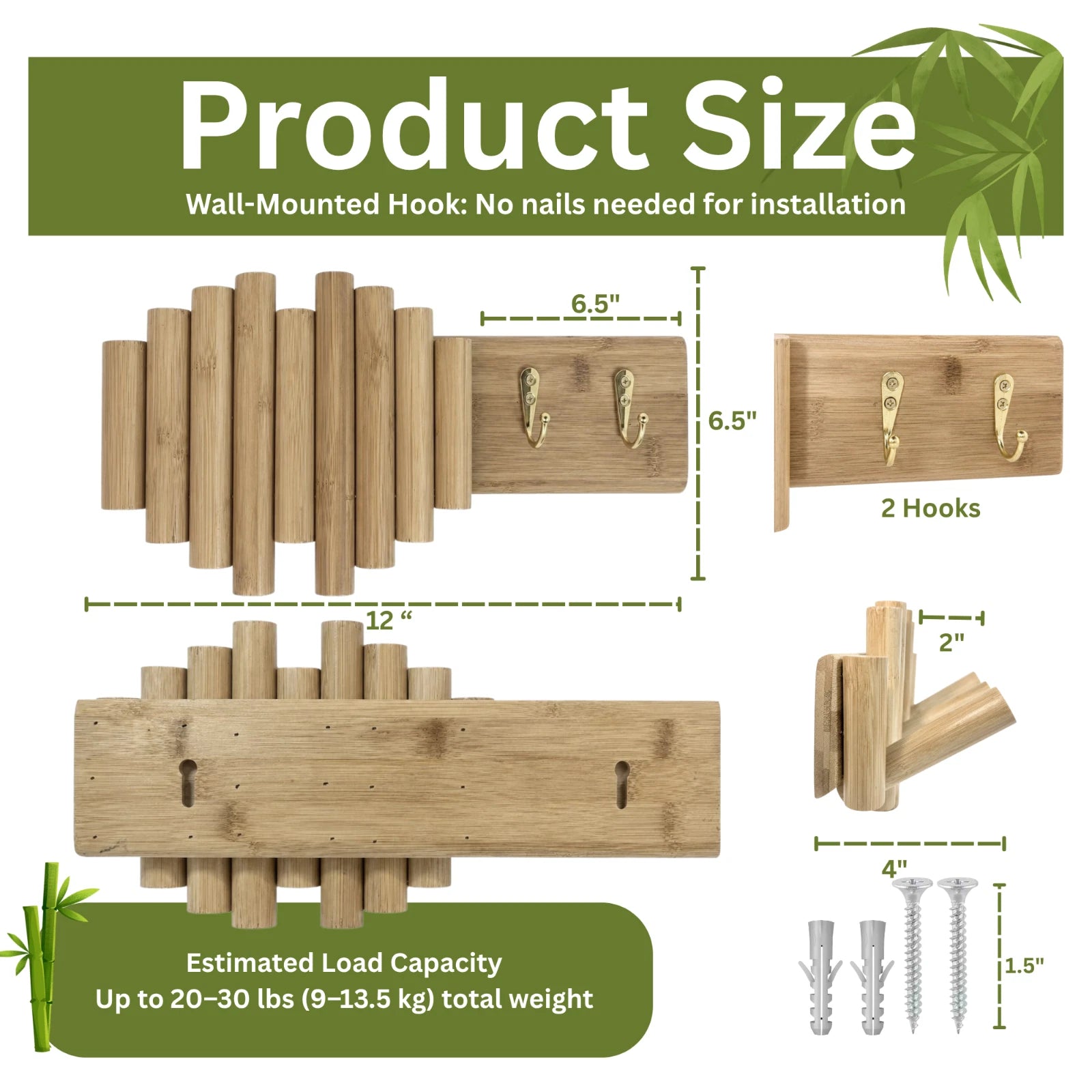 Bamboo Wall Hanging Rack Wooden Pegs Hook Organizer for Hats Coat Towels