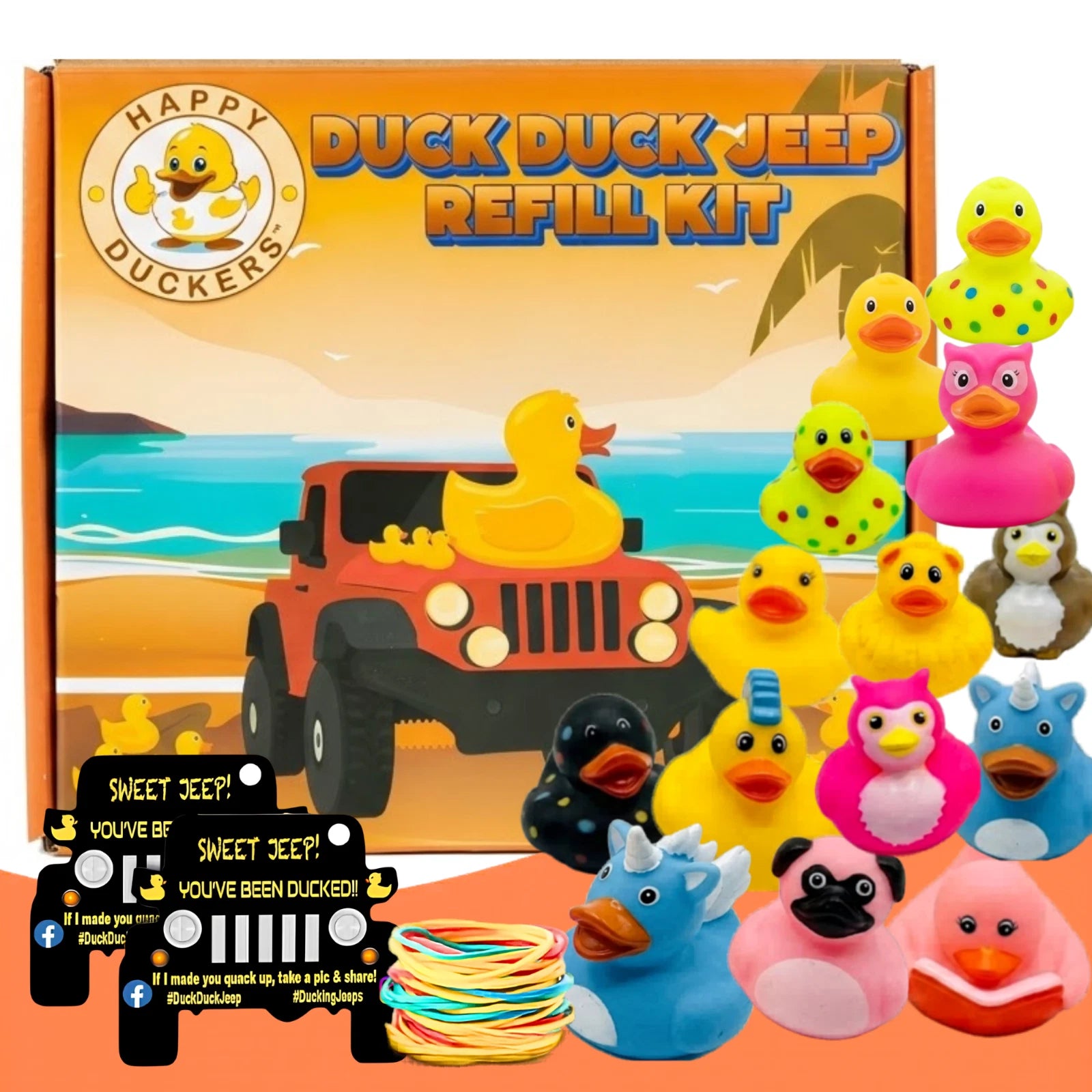 75pcs Jeep Ducking Refill Kit 2" Assorted Rubber Ducks w/ Tags & Bands for Decor