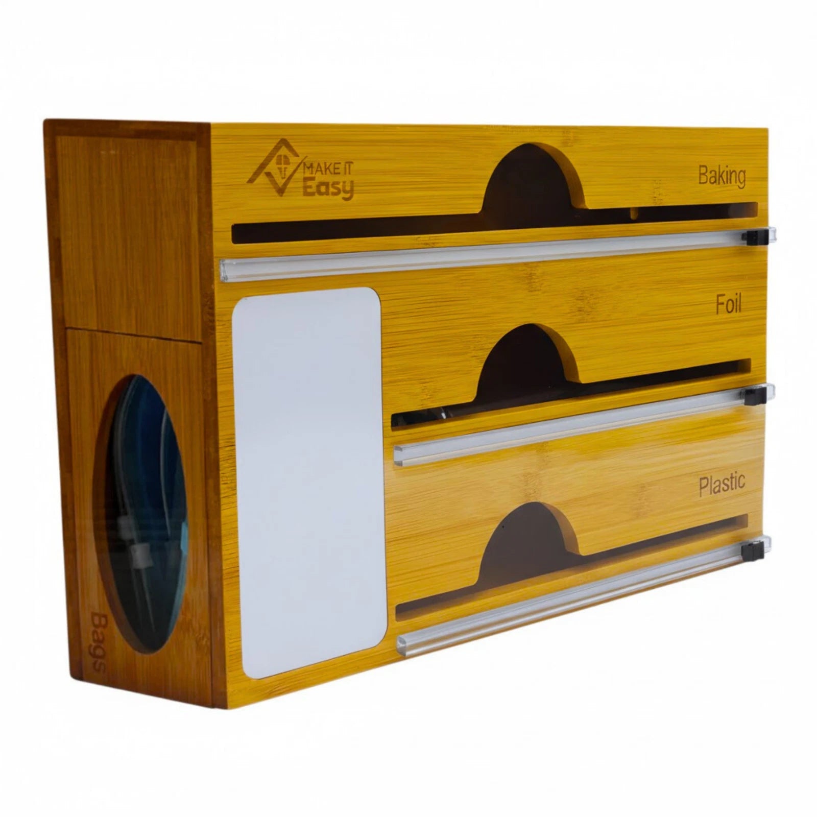 Bamboo Food Wrap Dispenser Plastic Foil Organizer w/ Slide Cutter