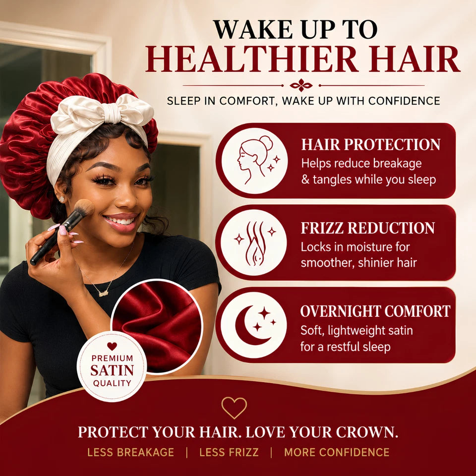 3 Piece Hair Bonnet Set - Red Satin Bonnet, Head Scarf & Pillowcase for Sleeping