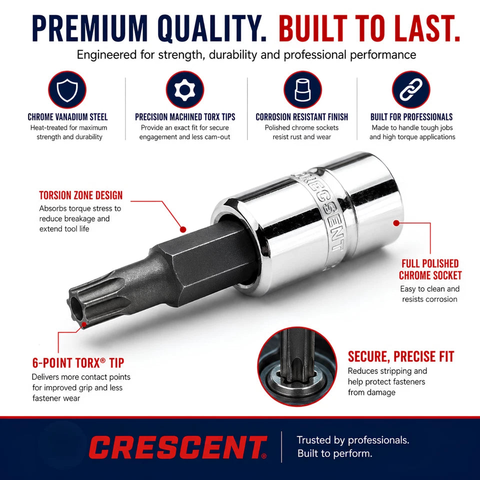 Crescent Torx Bit Socket Set T15-T60 – 9 Piece Professional Star Bit Socket Set