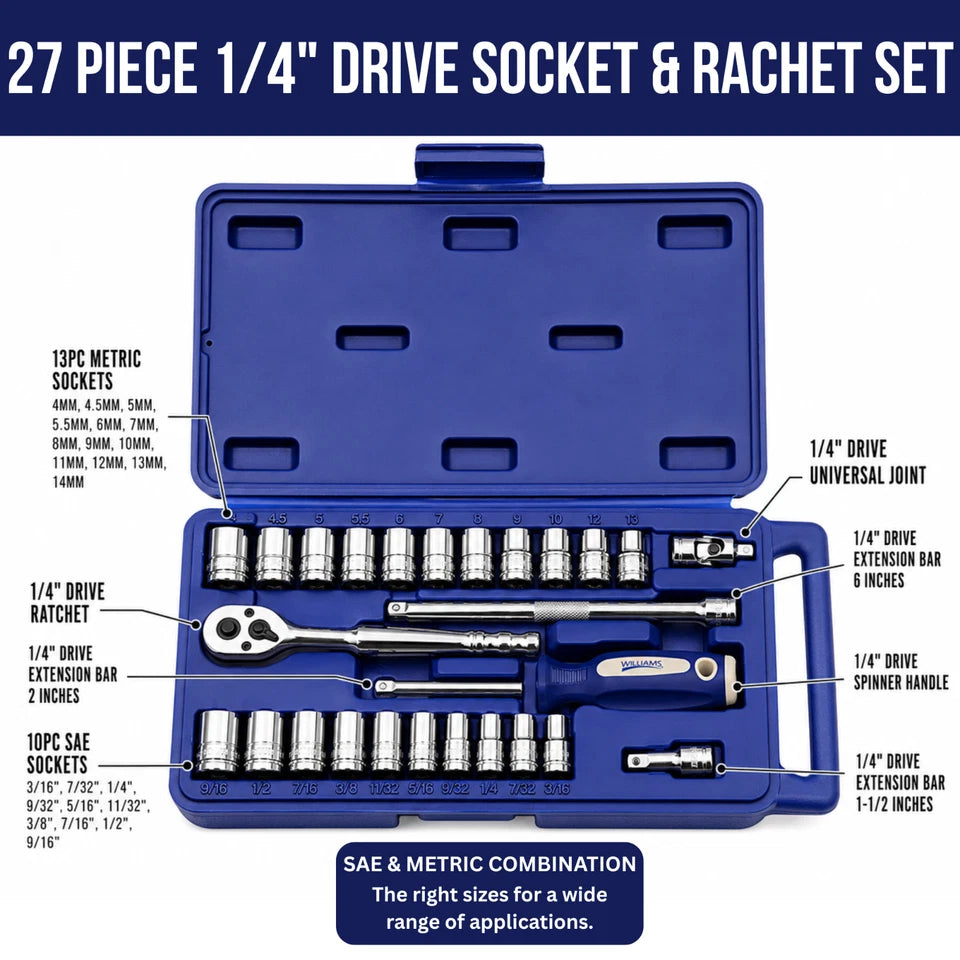 Williams 27Pc 1/4" Drive Socket & Ratchet Tool Set SAE/Metric Chrome Sockets