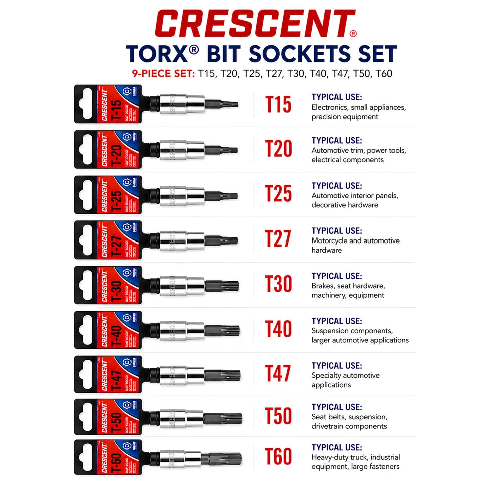Crescent Torx Bit Socket Set T15-T60 – 9 Piece Professional Star Bit Socket Set
