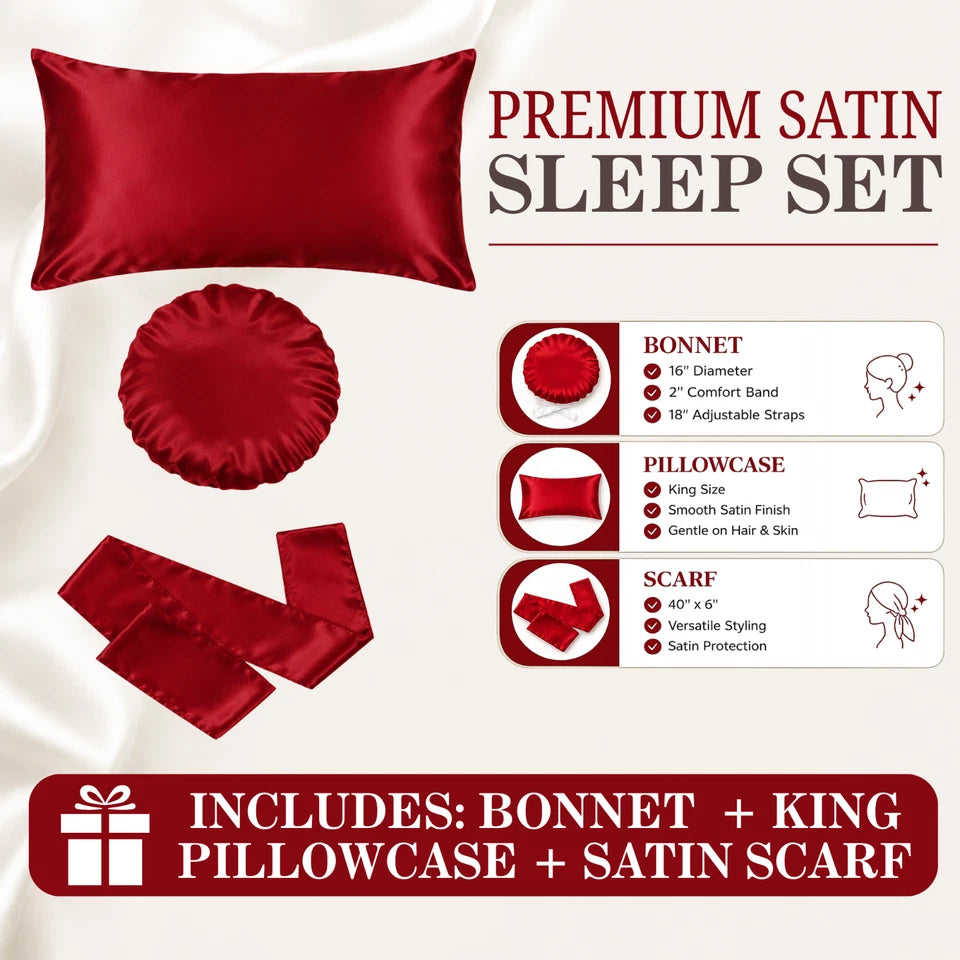 3 Piece Hair Bonnet Set - Red Satin Bonnet, Head Scarf & Pillowcase for Sleeping